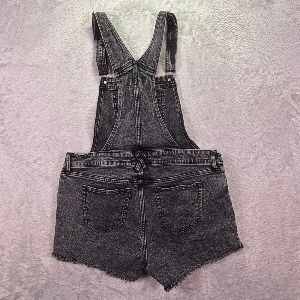 HT Denim Womens Shortall Size 1 Black Acid Wash Raw Hem Skull Detail Overalls - Picture 3 of 8